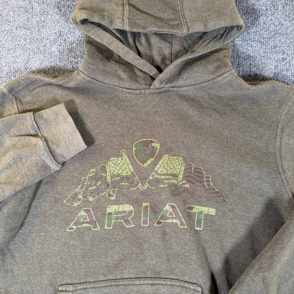 Ariat Boys XL 18 Pullover Hoodie Olive Green Camo Flag Logo Sweatshirt #4028